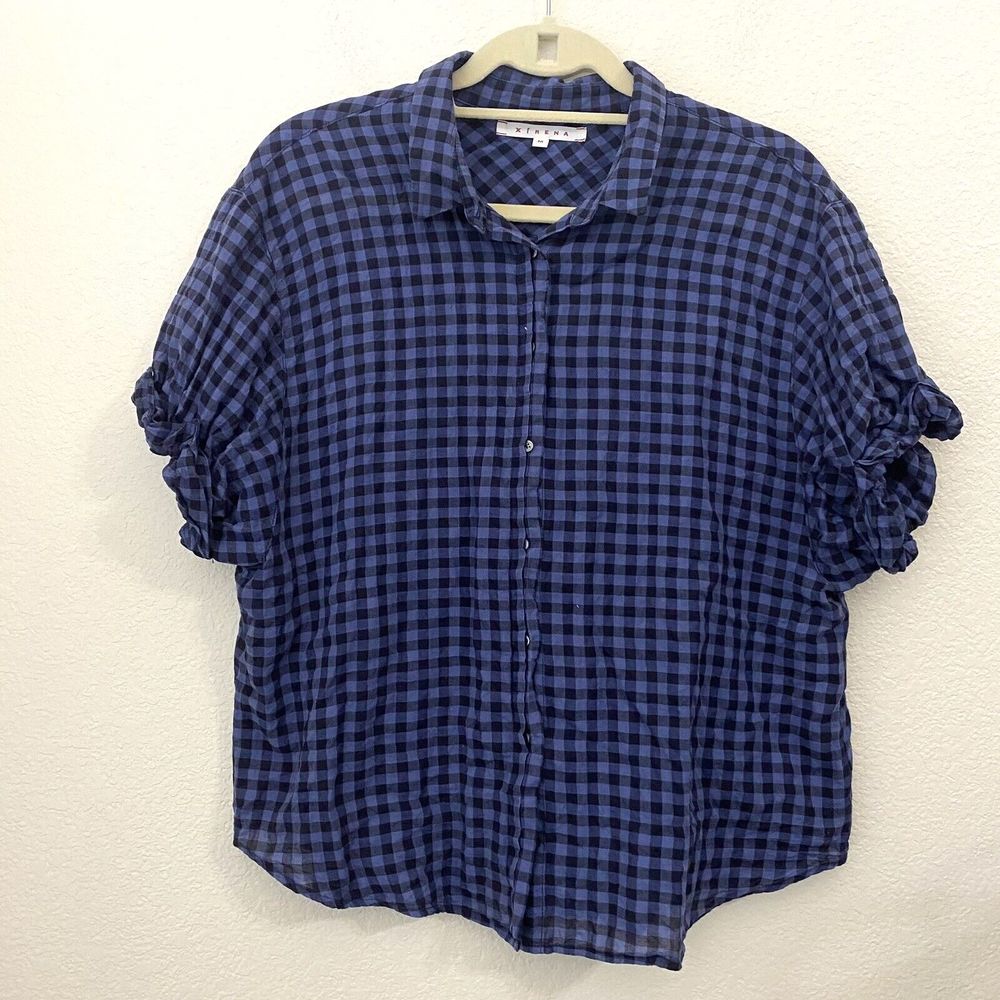 🫐XiRENA Shirt Medium Blue Black Gingham Plaid Check Channing Short Sleeve 🦋